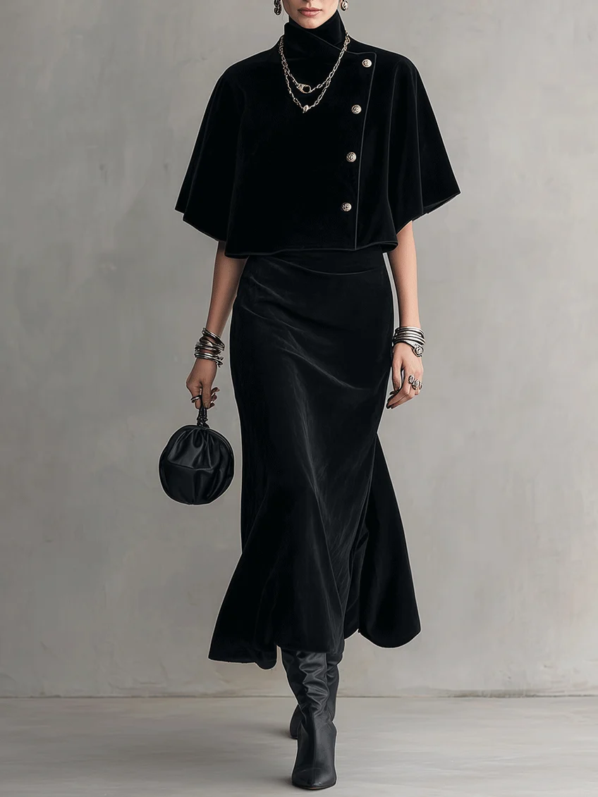 Adelina | Velvet Turtleneck Midi Dress with Cape