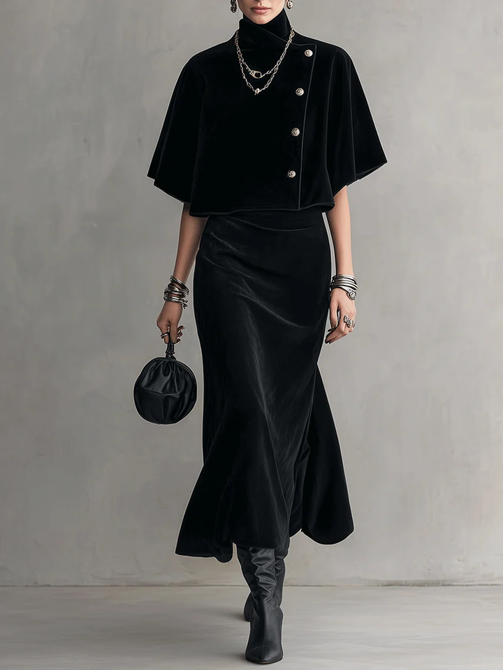Adelina | Velvet Turtleneck Midi Dress with Cape