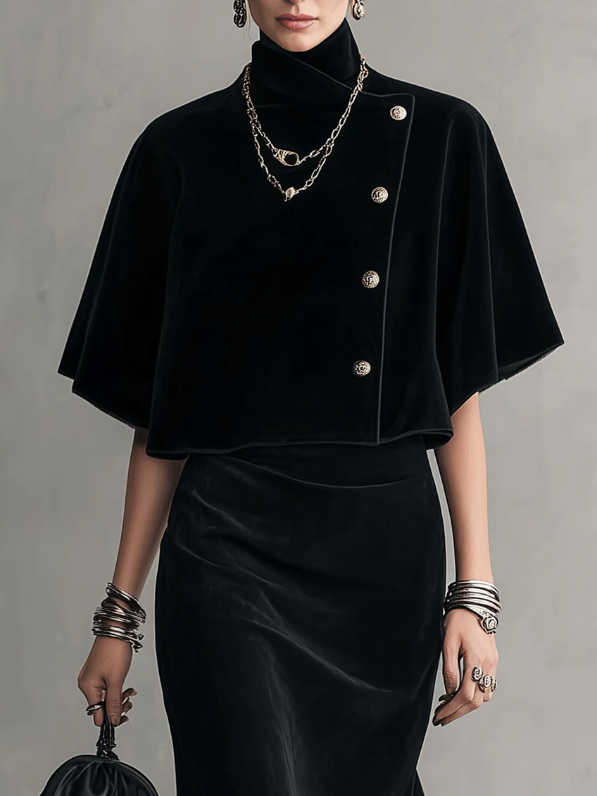 Adelina | Velvet Turtleneck Midi Dress with Cape