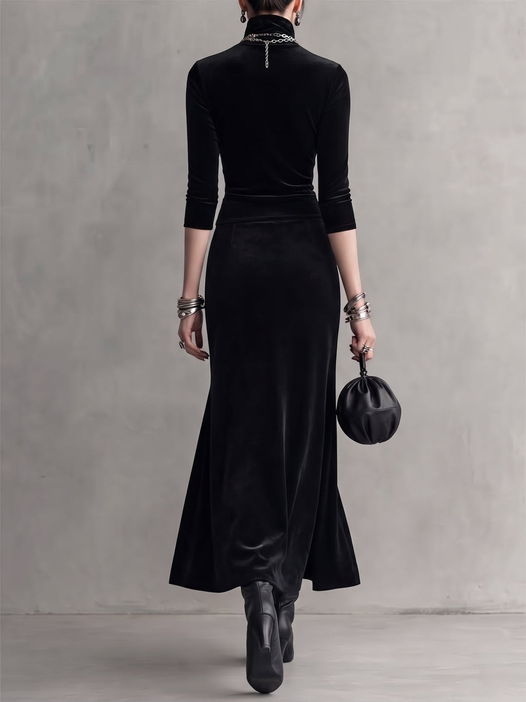 Adelina | Velvet Turtleneck Midi Dress with Cape