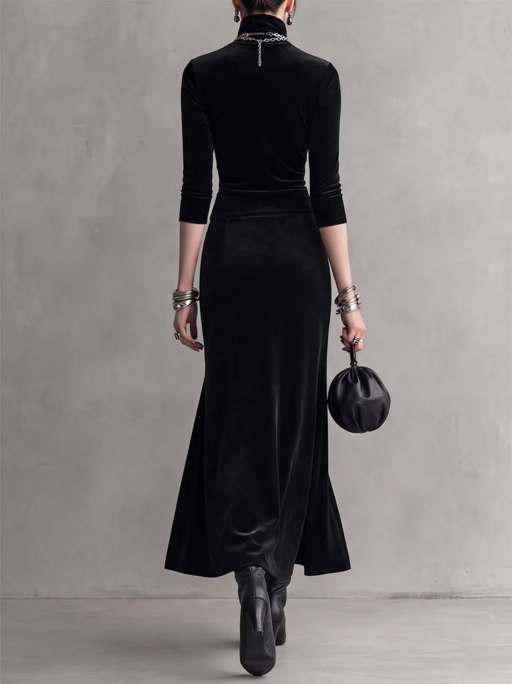 Adelina | Velvet Turtleneck Midi Dress with Cape