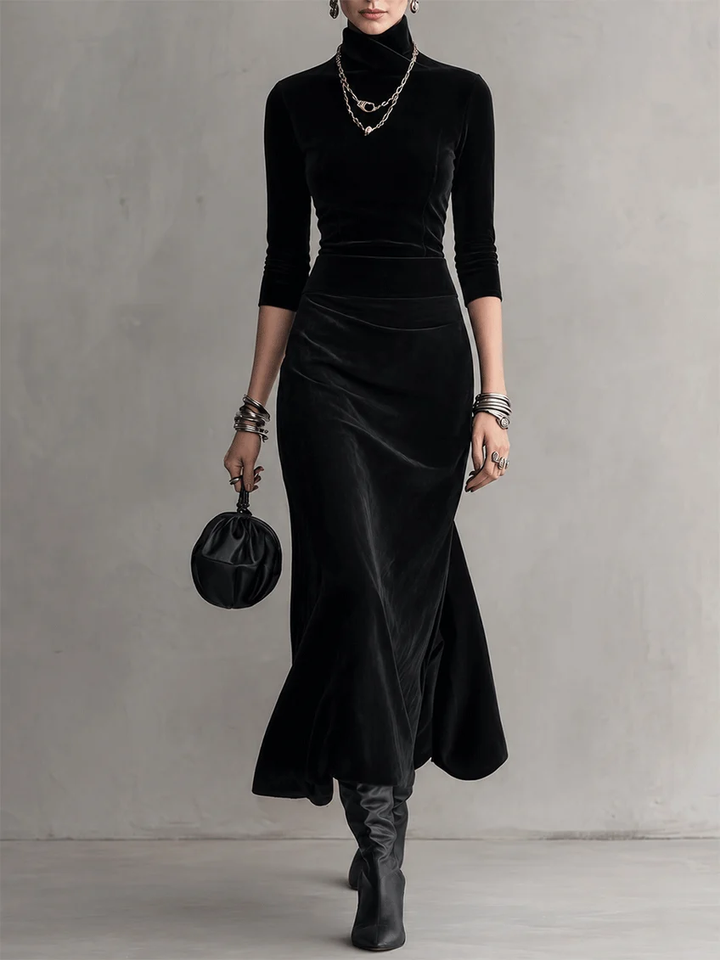 Adelina | Velvet Turtleneck Midi Dress with Cape