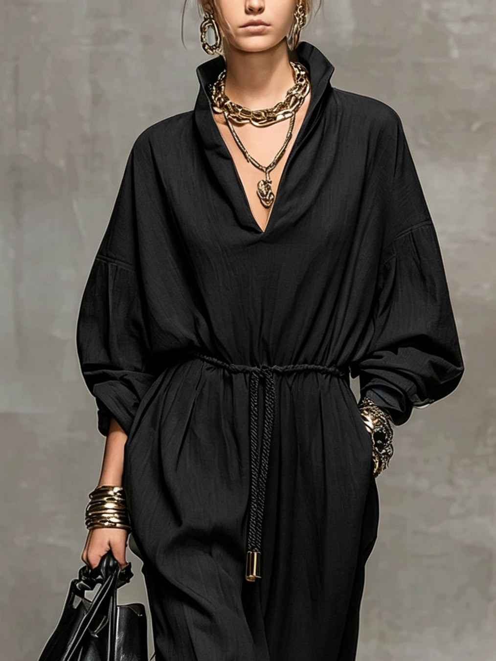 Delaney Faye | V-Neck Drawstring Maxi Dress