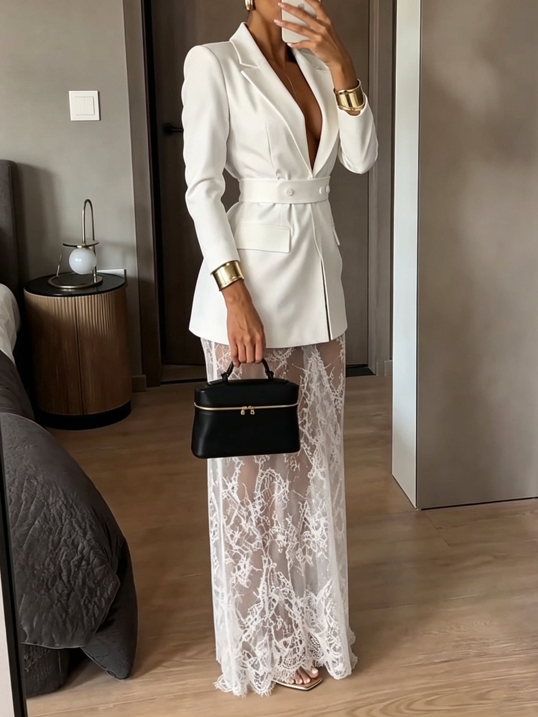 Adalyn Rose | Belted Blazer and Lace Maxi Skirt Set
