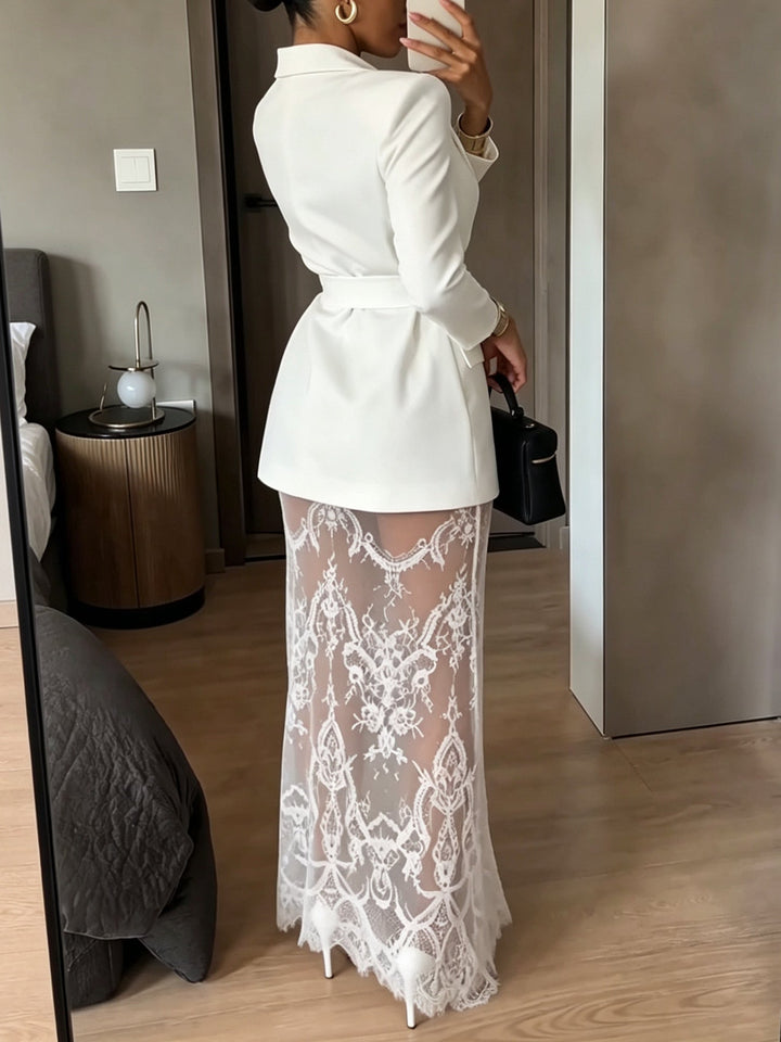 Adalyn Rose | Belted Blazer and Lace Maxi Skirt Set