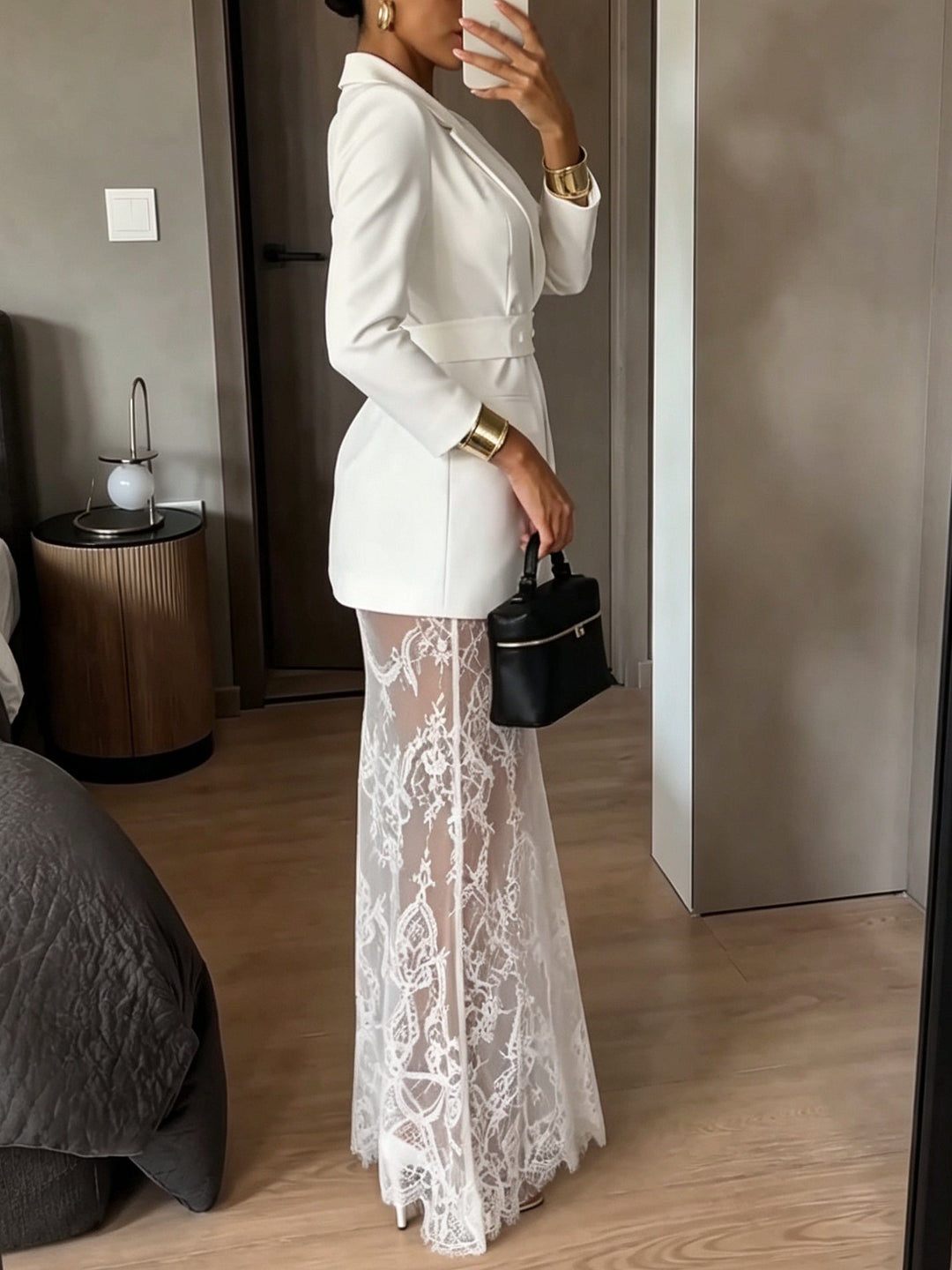 Adalyn Rose | Belted Blazer and Lace Maxi Skirt Set
