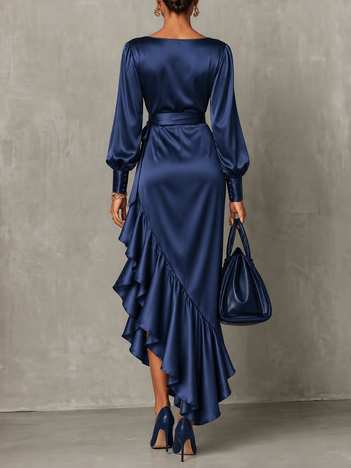 Wilhelmina Aurelia | Satin Asymmetrical Ruffle Maxi Dress
