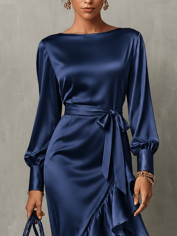 Wilhelmina Aurelia | Satin Asymmetrical Ruffle Maxi Dress