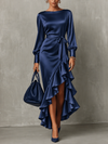 Wilhelmina Aurelia | Satin Asymmetrical Ruffle Maxi Dress