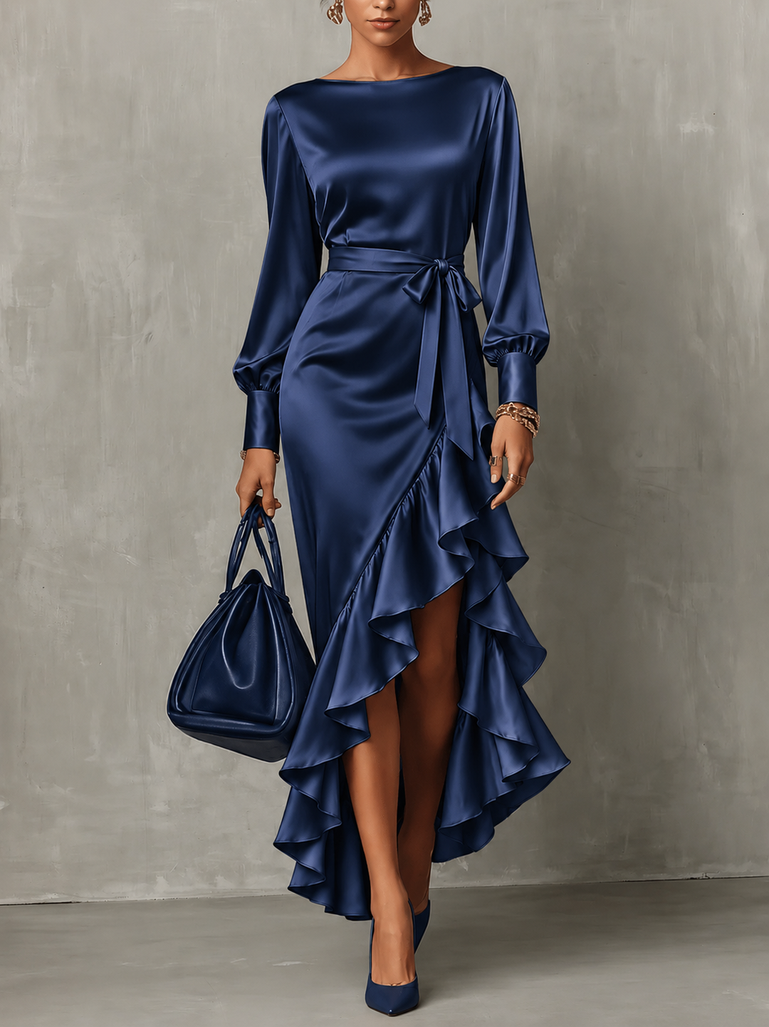 Wilhelmina Aurelia | Satin Asymmetrical Ruffle Maxi Dress