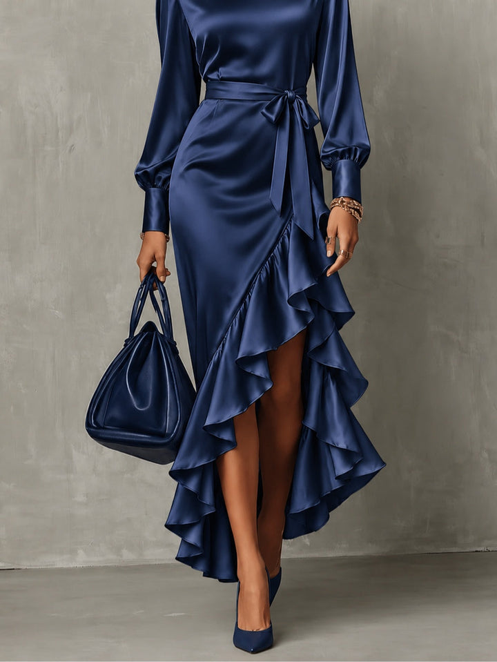 Wilhelmina Aurelia | Satin Asymmetrical Ruffle Maxi Dress