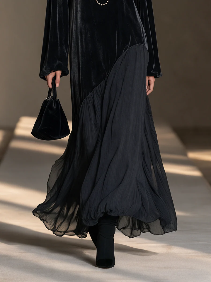 Isolde Marchetti | Black Velvet Chiffon Asymmetrical Maxi Dress