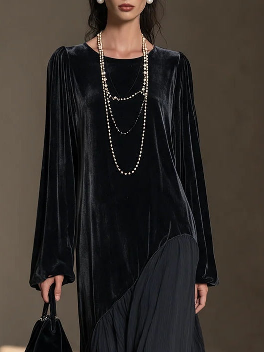 Isolde Marchetti | Black Velvet Chiffon Asymmetrical Maxi Dress