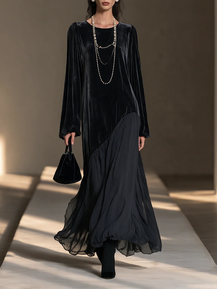 Isolde Marchetti | Black Velvet Chiffon Asymmetrical Maxi Dress