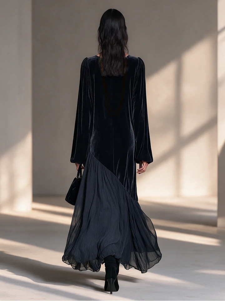 Isolde Marchetti | Black Velvet Chiffon Asymmetrical Maxi Dress