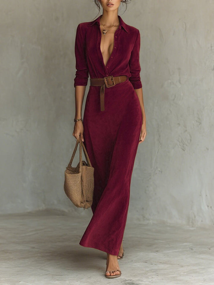 Wilhelmina | Fitted Suede Maxi Dress with Notched Collar
