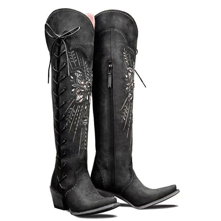 Black Embroidered Lace-Up Western Boots