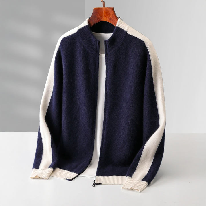 Lorenzo | Cashmere Zip-Up Bomber Sweater with Contrast Rib Trim