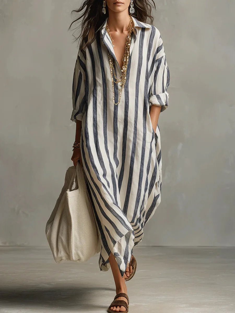 Delphine | Striped Linen Oversized Shirt Maxi Dress