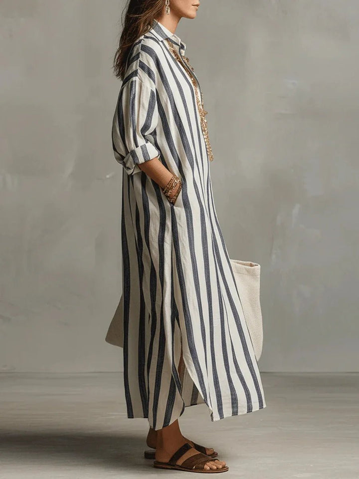 Delphine | Striped Linen Oversized Shirt Maxi Dress