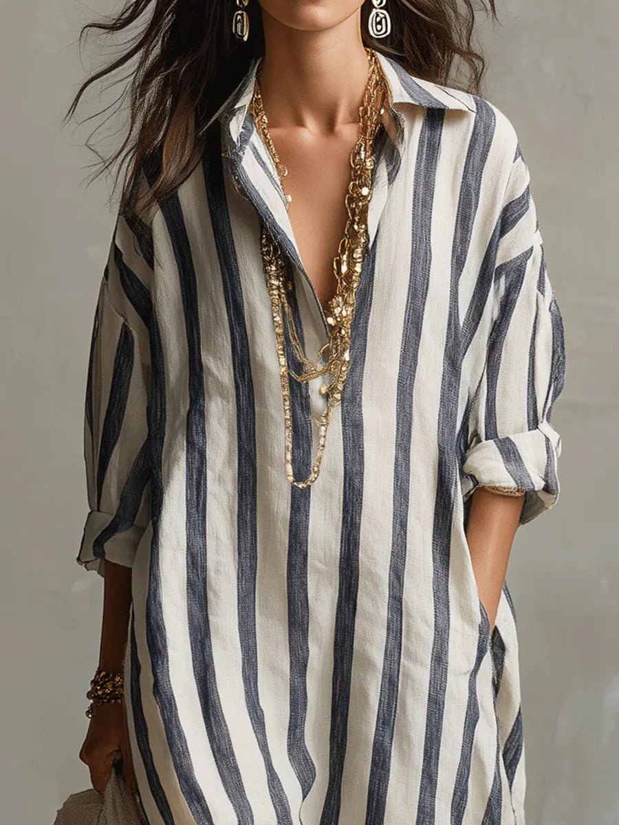 Delphine | Striped Linen Oversized Shirt Maxi Dress