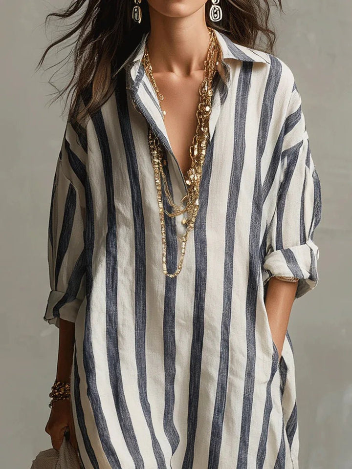Delphine | Striped Linen Oversized Shirt Maxi Dress