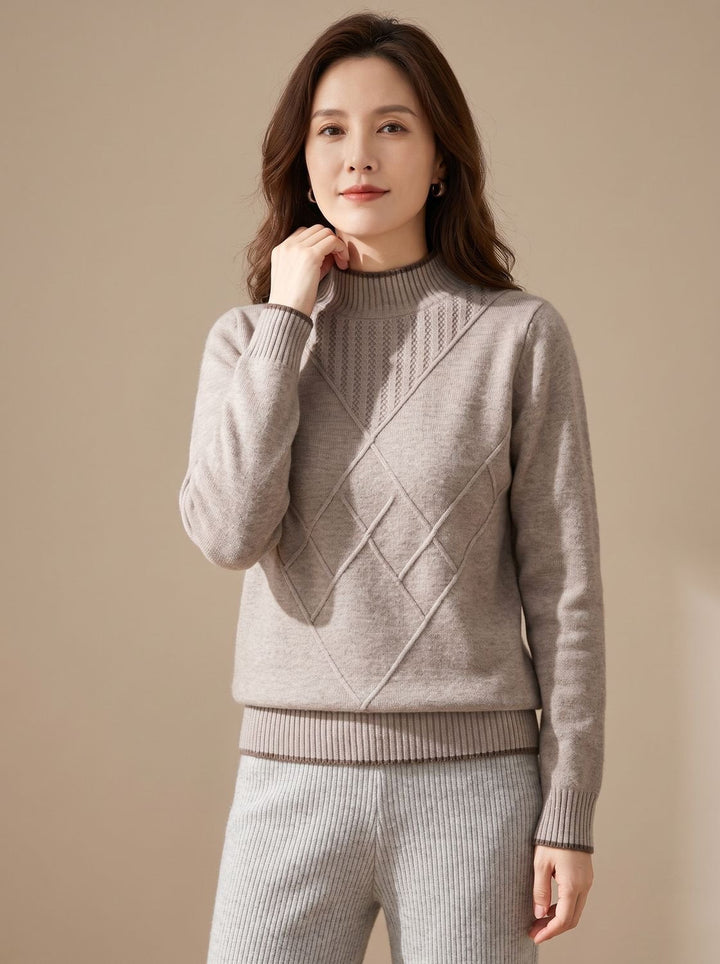 Lena | Women's Turtleneck Sweater Half Collar Knitted Diamond Pattern Long Sleeve