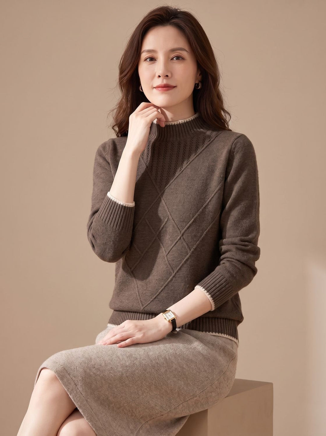 Lena | Women's Turtleneck Sweater Half Collar Knitted Diamond Pattern Long Sleeve