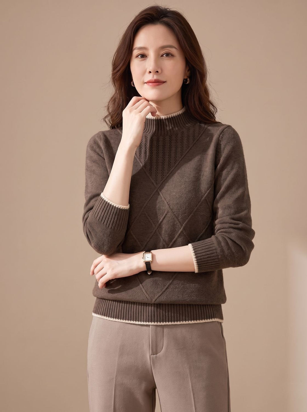 Lena | Women's Turtleneck Sweater Half Collar Knitted Diamond Pattern Long Sleeve