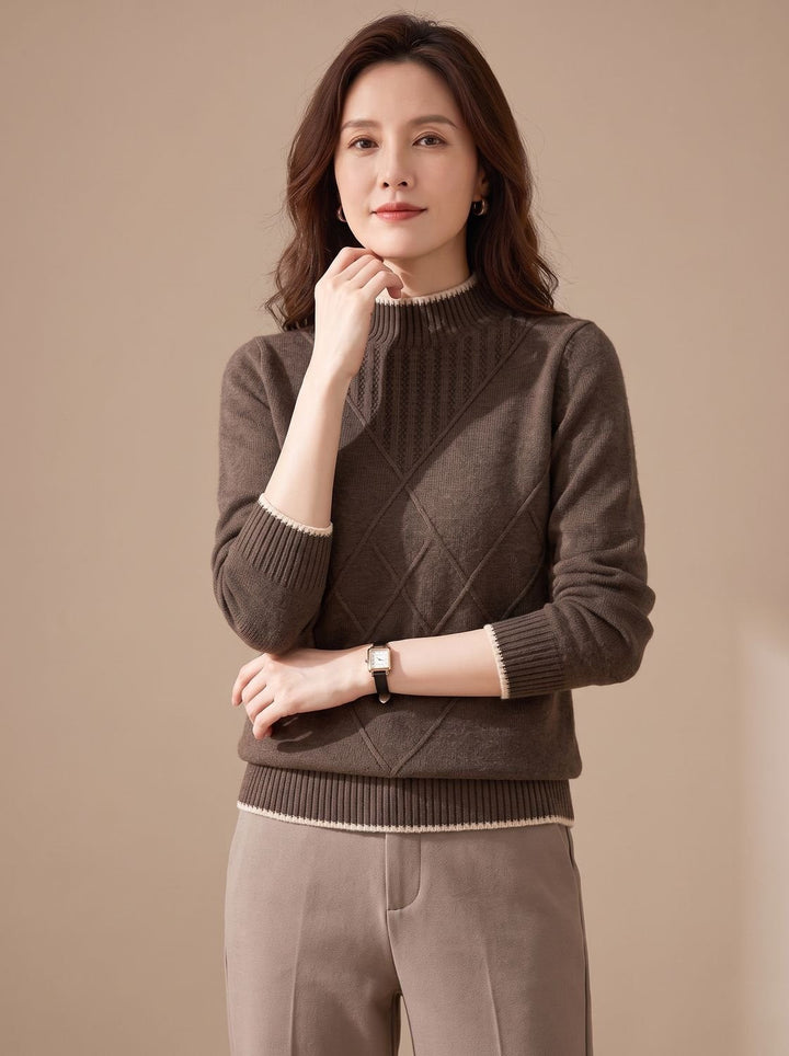 Lena | Women's Turtleneck Sweater Half Collar Knitted Diamond Pattern Long Sleeve