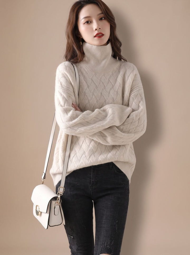 Elfriede | Women's Turtleneck Sweater with Knit Pattern Oversized Winter Sweater