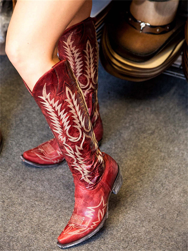 Black Embroidered Western Knee-High Boots