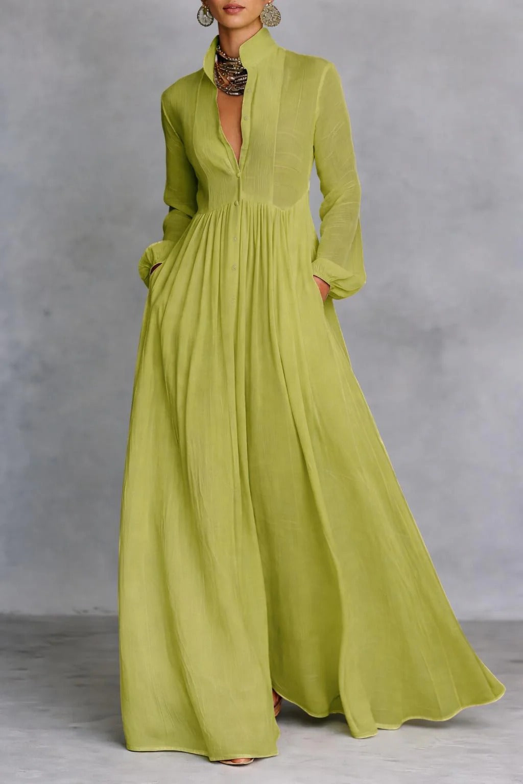 Genevieve | Long Sleeve Button-Front Maxi Dress
