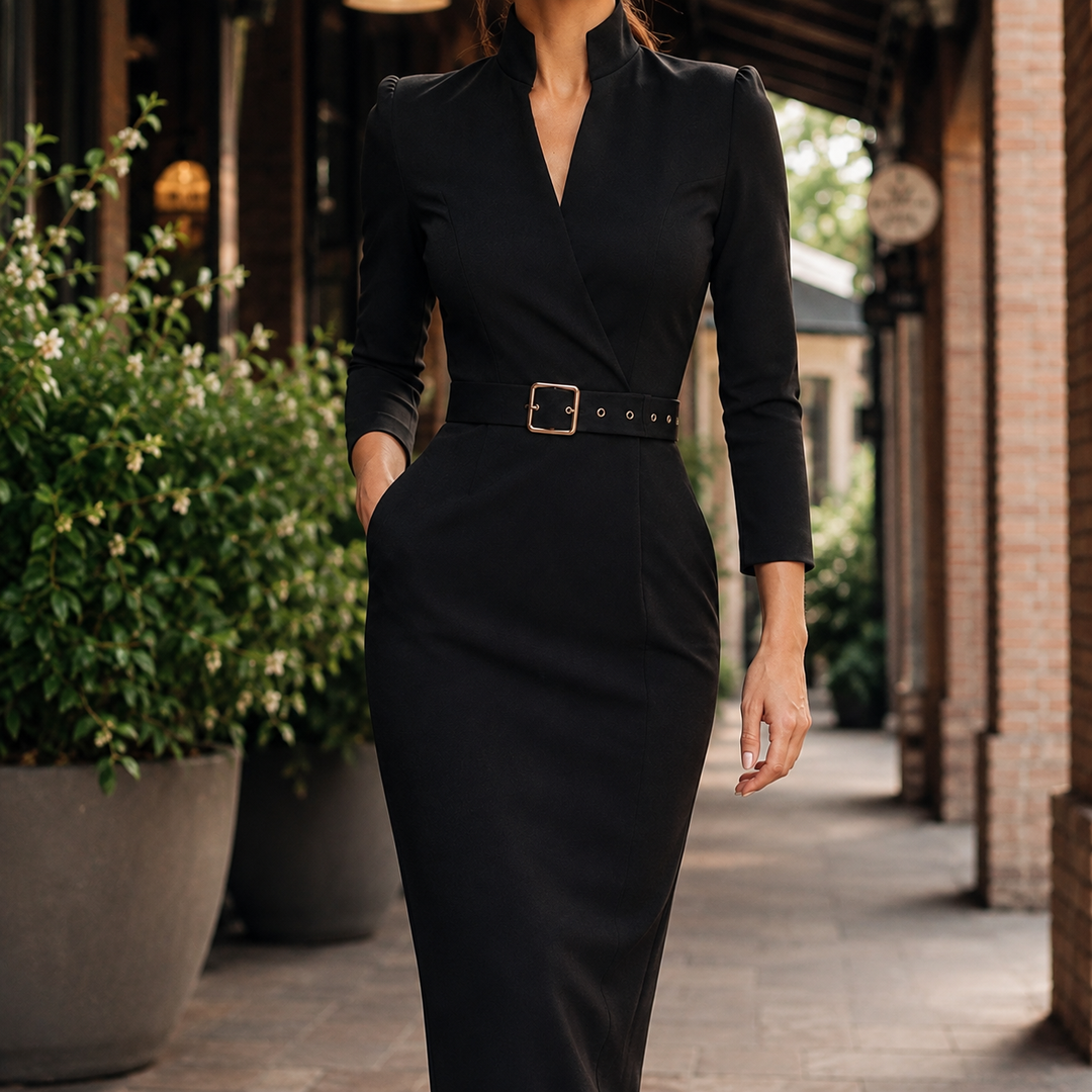 Vivienne | Long Sleeve Tailored Wrap-Neck Midi Dress with Belt