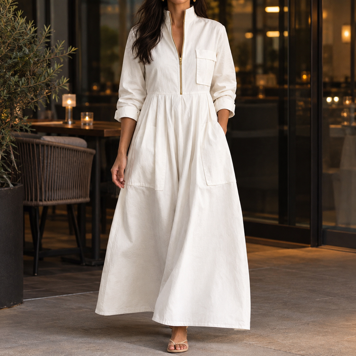 Rosalind | Long Sleeve Half-Zip Maxi Dress with Pockets