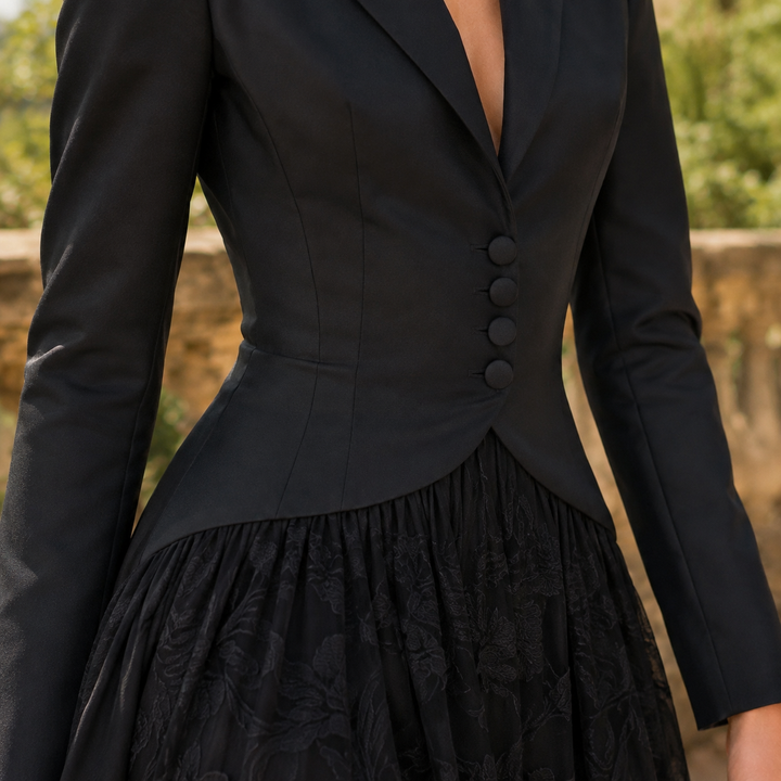 Wilhelmina | Tailored Blazer-Style Gown with Lace Front and Slit