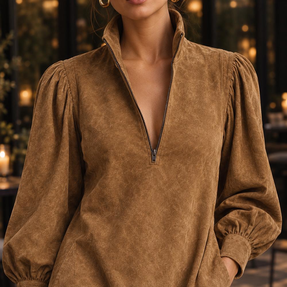 Marisol Wren | Suede Shirt Dress with Balloon Sleeves
