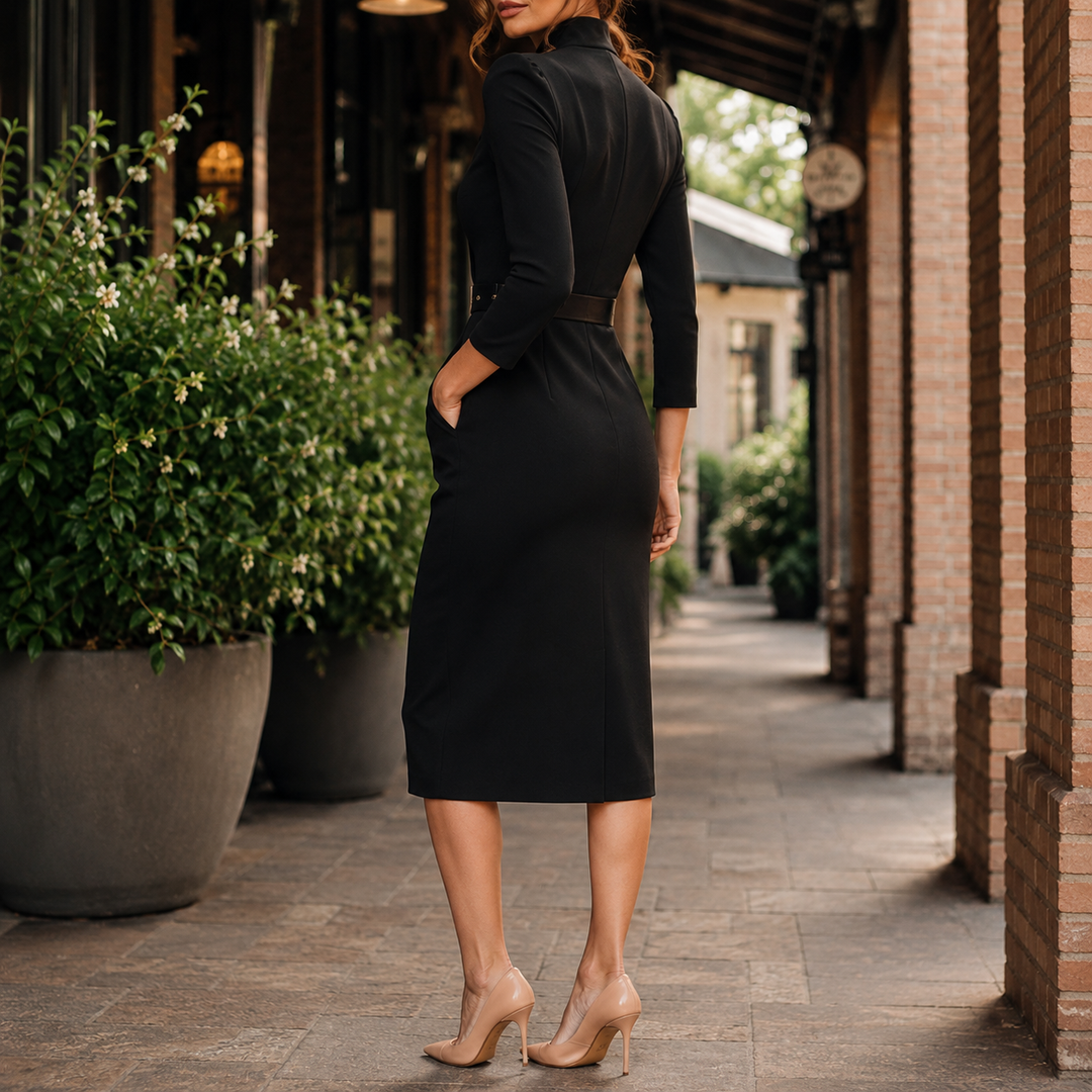 Vivienne | Long Sleeve Tailored Wrap-Neck Midi Dress with Belt