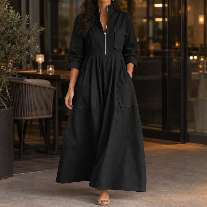 Rosalind | Long Sleeve Half-Zip Maxi Dress with Pockets