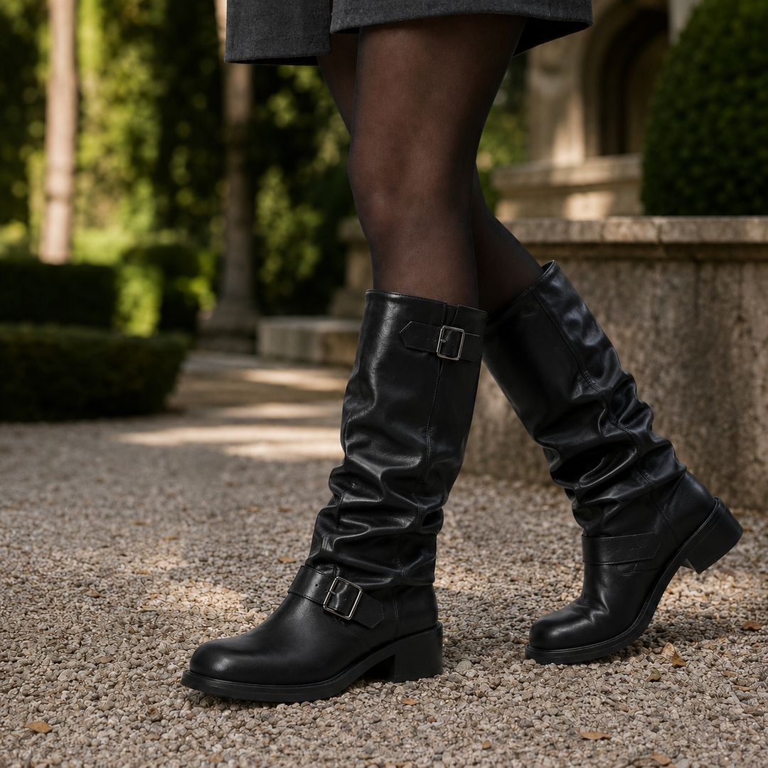 Rosalind | Knee-High Slouch Biker Boots with Double Buckles