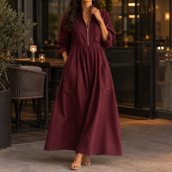 Rosalind | Long Sleeve Half-Zip Maxi Dress with Pockets