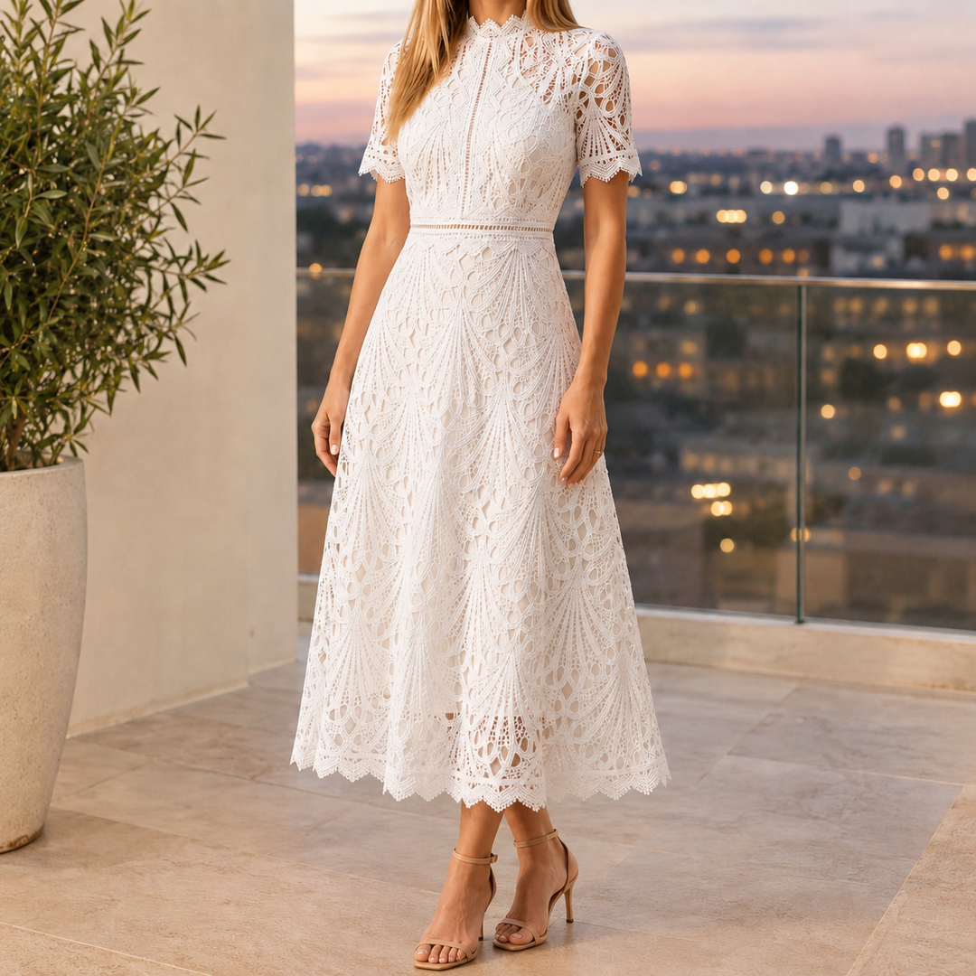 Seraphine | Geometric Lace A-Line Midi Dress with Scalloped Neckline