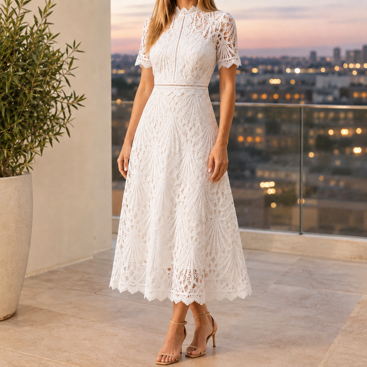 Seraphine | Geometric Lace A-Line Midi Dress with Scalloped Neckline
