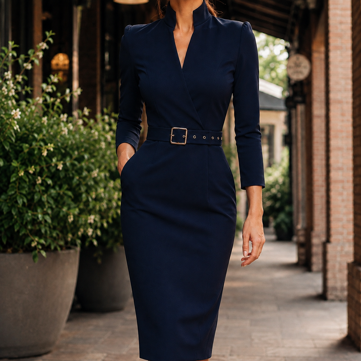Vivienne | Long Sleeve Tailored Wrap-Neck Midi Dress with Belt