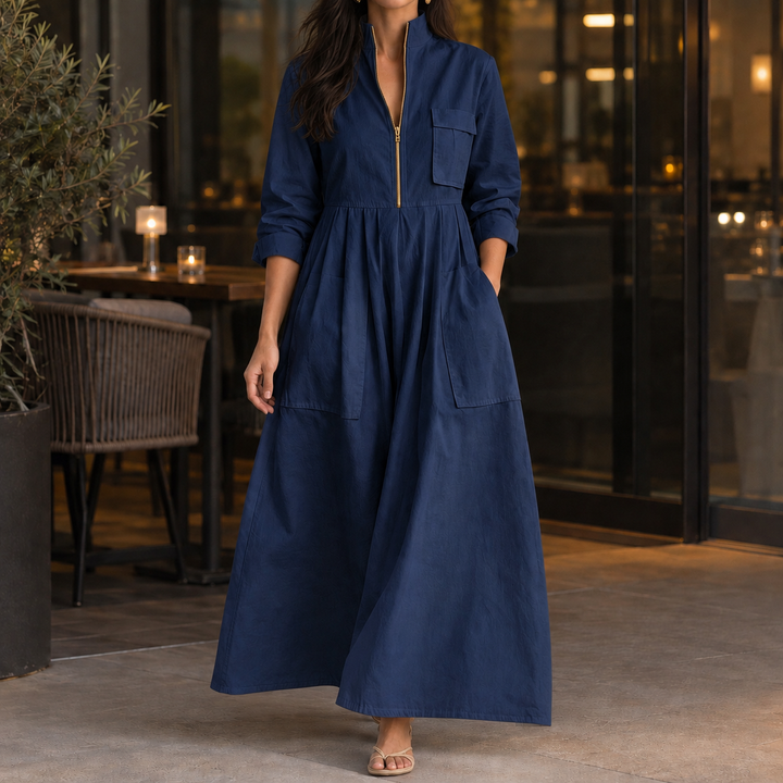 Rosalind | Long Sleeve Half-Zip Maxi Dress with Pockets