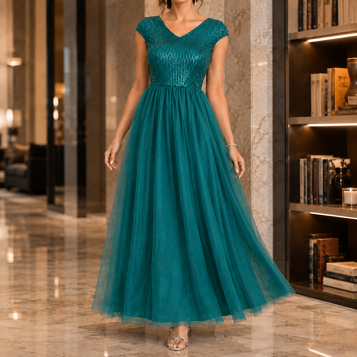 Rosalind Hayes | Sequin Maxi Dress with Tulle Overlay