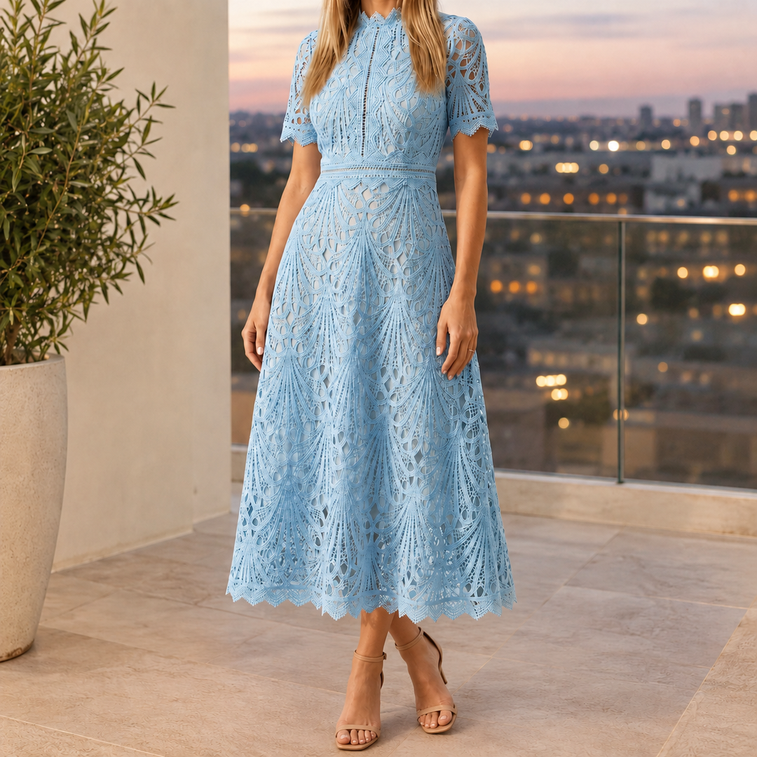 Seraphine | Geometric Lace A-Line Midi Dress with Scalloped Neckline