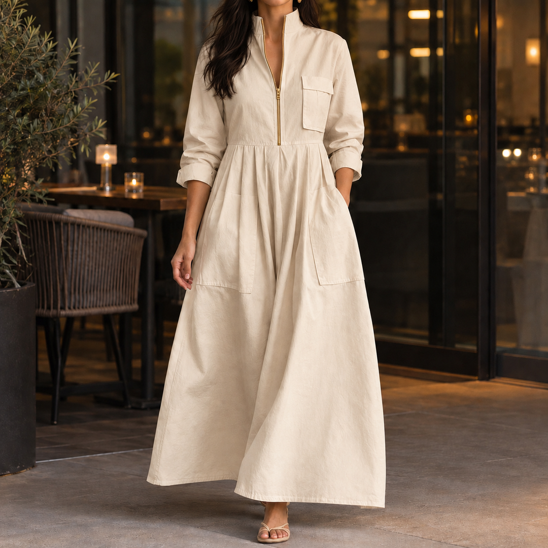 Rosalind | Long Sleeve Half-Zip Maxi Dress with Pockets