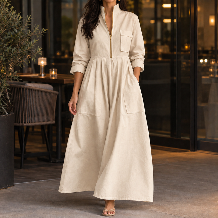 Rosalind | Long Sleeve Half-Zip Maxi Dress with Pockets