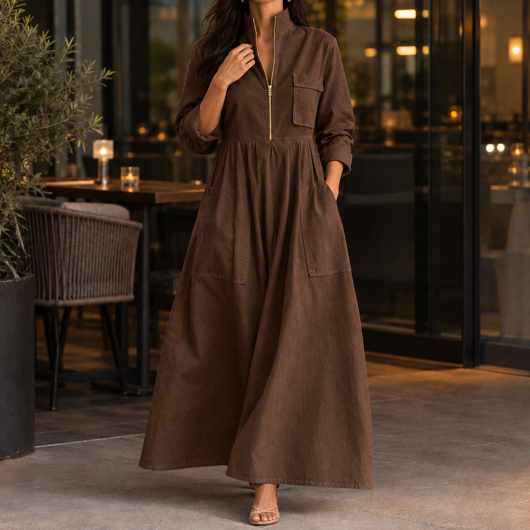 Rosalind | Long Sleeve Half-Zip Maxi Dress with Pockets
